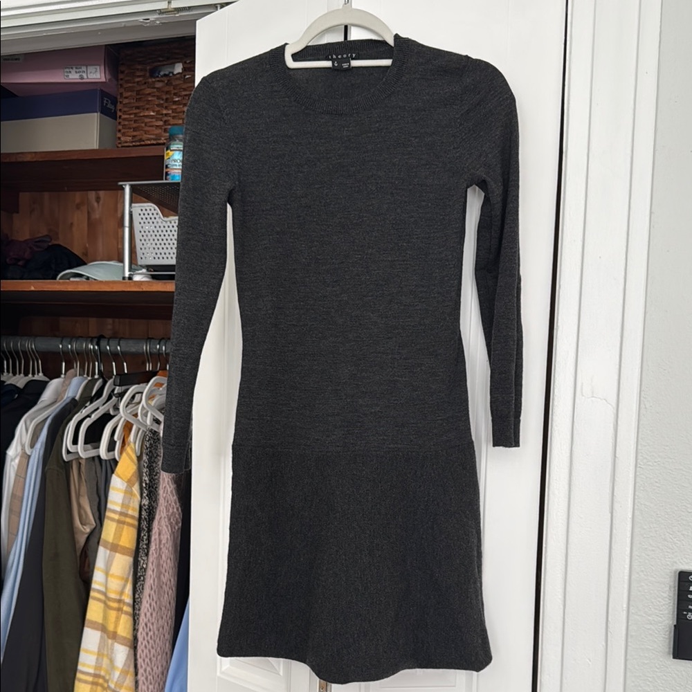 Theory Gray Crew Neck Drop Waist Sweater Dress